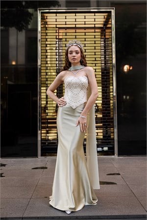 Hera Blair Kalp Yaka Yağ Yeşili Saten Balık Korse Etek Nikah Nişan Söz Elbisesi