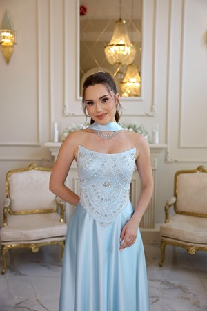 Hera Blair Mavi Kloş Etek Özel Tasarım Elbise