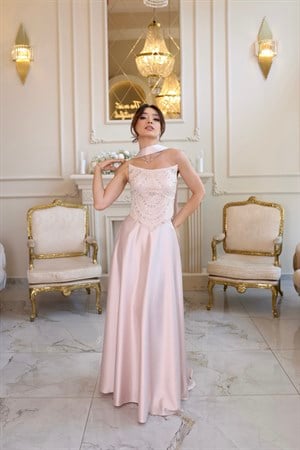 Hera Blair Pudra Pembe Kloş Etek Özel Tasarım Elbise