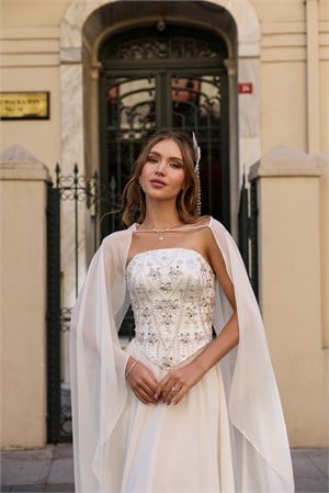 Hera Laura Beyaz Kristal Şifon Şal Nikah Nişan Söz Elbisesi