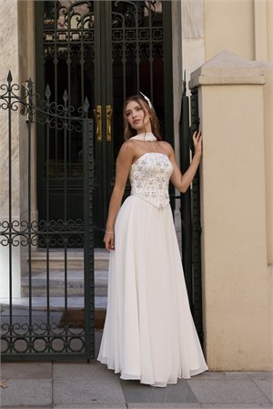 Hera Laura Oval Yaka Beyaz Şifon Korse Etek Nikah Nişan Söz Elbisesi