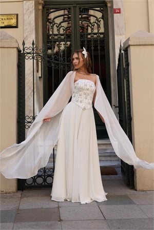 TheElsa | Hera Laura Oval Yaka Beyaz Şifon Korse Etek Nikah Nişan Söz ElbisesiBEYAZ DANTEL ELBİSELERHera Laura Oval Yaka Beyaz Şifon Korse Etek Nikah Nişan Söz Elbisesi