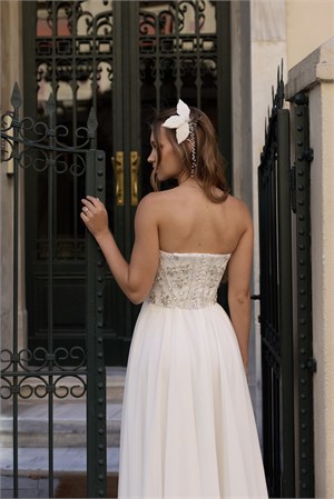 Hera Laura Oval Yaka Beyaz Şifon Korse Etek Nikah Nişan Söz Elbisesi
