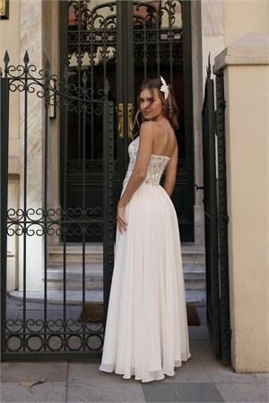 Hera Laura Oval Yaka Beyaz Şifon Korse Etek Nikah Nişan Söz Elbisesi