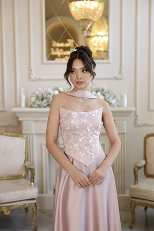 Hera Lavinya Pudra Kloş Etek Dantel Nikah Nişan Söz Elbisesi