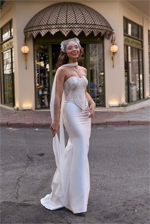Hera Liva Kalp Yaka Beyaz Saten Balık Korse Etek Nikah Nişan Söz Elbisesi