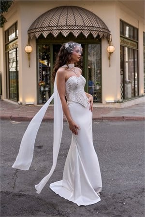 Hera Liva Kalp Yaka Beyaz Saten Balık Korse Etek Nikah Nişan Söz Elbisesi