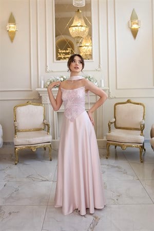 Hera Nadia Pudra Pembe Kloş Etek Özel Tasarım Elbise