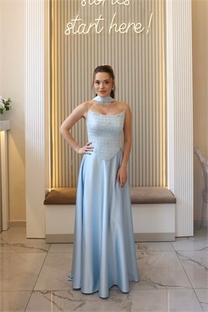 Hera Vesper Mavi Kloş Etek Özel Tasarım Elbise