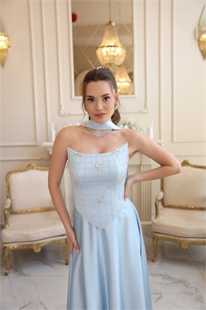 Hera Vesper Mavi Kloş Etek Özel Tasarım Elbise