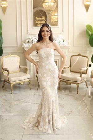 Kalina Beyaz Balık Çiçekli Özel Tasarım Dantel Nişan Nikah  Elbise