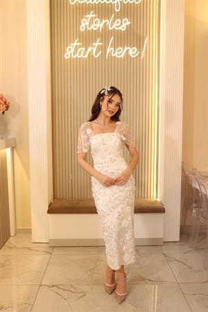 Kalina Beyaz Kalem Çiçekli Özel Tasarım Dantel Nişan Nikah Elbise