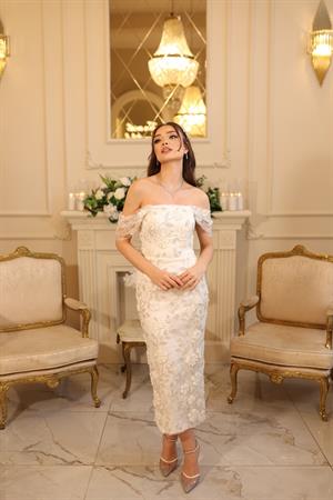 Kalina Beyaz Kalem Çiçekli Özel Tasarım Dantel Nişan Nikah Elbise