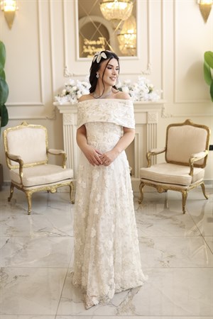 Kalina Beyaz Maxi Çiçekli Özel Tasarım Dantel Nişan Nikah Elbise