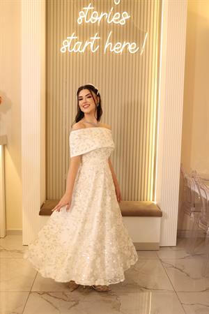 Kalina Prenses Beyaz Çiçekli Özel Tasarım Dantel Nişan Nikah Elbise