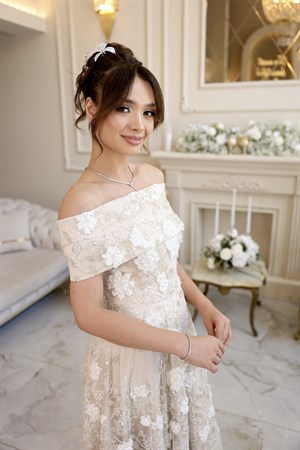 Kalina Prenses Bej Beyaz Maxi Dantel Nikah Nişan Söz Elbisesi
