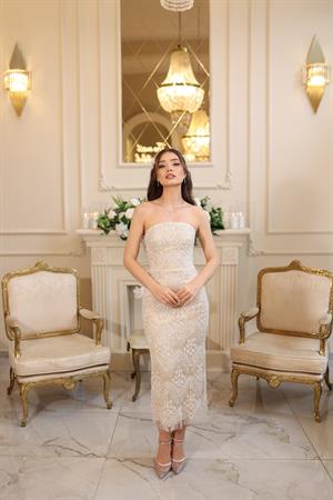 Lalin Pile Dantel Bolero Beyaz Çiçekli Nişan Nikah Davet Elbise