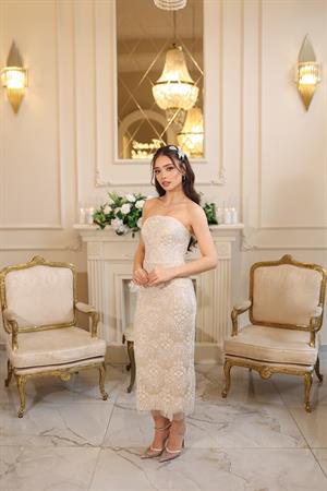 Lalin Pile Dantel Bolero Beyaz Çiçekli Nişan Nikah Davet Elbise