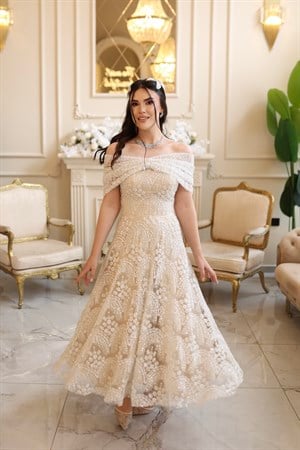 Lalin Prenses Bej Beyaz Fiyonk Bolero Elbise