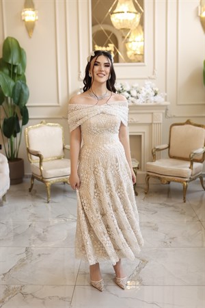 Lalin Prenses Bej Beyaz Fiyonk Bolero Elbise