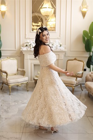 Lalin Prenses Saten Bolero Beyaz Çiçekli Nişan Nikah Davet Elbise