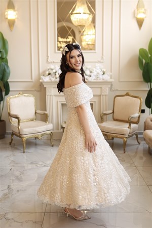 Lalin Prenses Saten Bolero Beyaz Çiçekli Nişan Nikah Davet Elbise