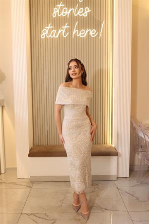 Lalin Saten Bolero Beyaz Çiçekli Nişan Nikah Davet Elbise
