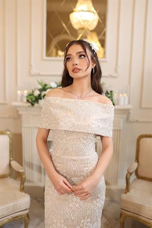 Lalin Saten Bolero Beyaz Çiçekli Nişan Nikah Davet Elbise