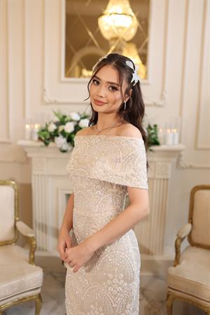 Lalin Saten Bolero Beyaz Çiçekli Nişan Nikah Davet Elbise
