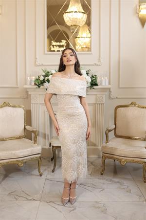 Lalin Saten Bolero Beyaz Çiçekli Nişan Nikah Davet Elbise