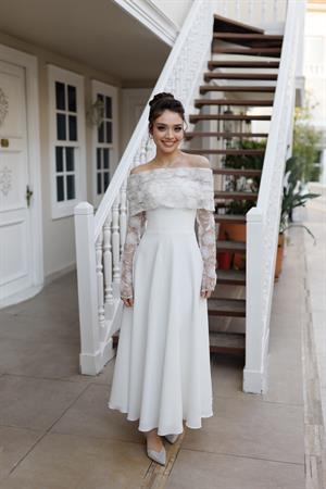 Laressa Prenses Beyaz Özel Tasarım Dantel Detaylı Nikah Nişan Söz Elbisesi