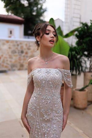 Laura Bej Düşük Kol Taşlı Özel Tasarım Elbise