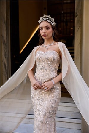 Laura Kalp Yaka Bej Dantel Balık Şifon Şal Korse Etek Nikah Nişan Söz Elbisesi