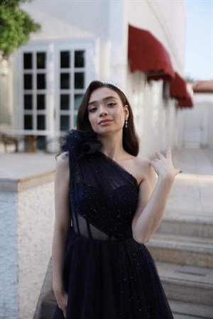 Lavien Navy Blue Pearled Special Design Slit Long Evening Dress