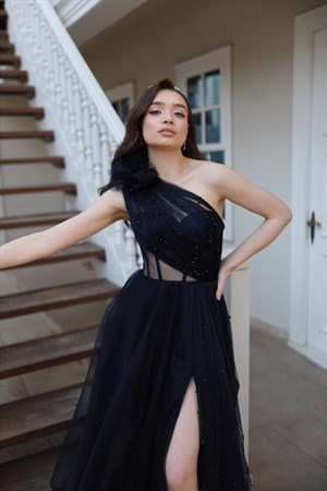 Lavien Navy Blue Pearled Special Design Slit Long Evening Dress