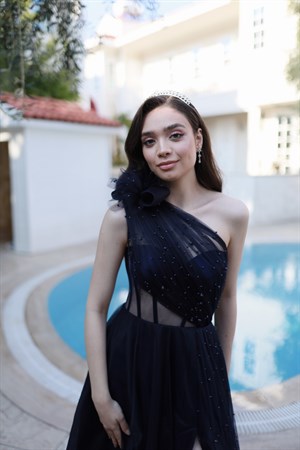 Lavien Navy Blue Pearled Special Design Slit Long Evening Dress