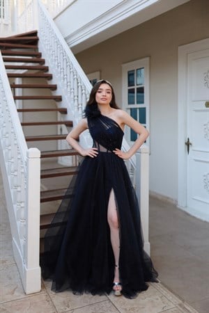 Lavien Navy Blue Pearled Special Design Slit Long Evening Dress