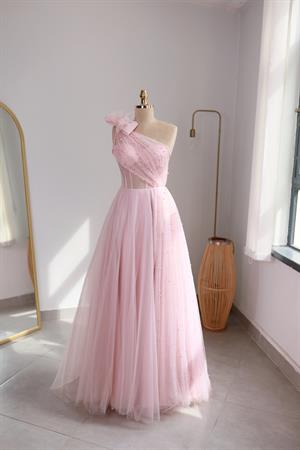 Lavien Pudra Pembe İncili Özel Tasarım Yırtmaçlı Uzun Abiye Elbise