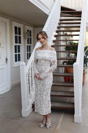 Lavinya Beyaz Çiçekli Özel Tasarım Dantel Abiye Elbise