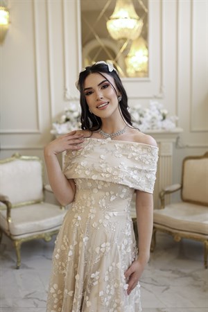 Lavinya Prenses Saten Bolero Beyaz Çiçekli Özel Tasarım Dantel Abiye Elbise