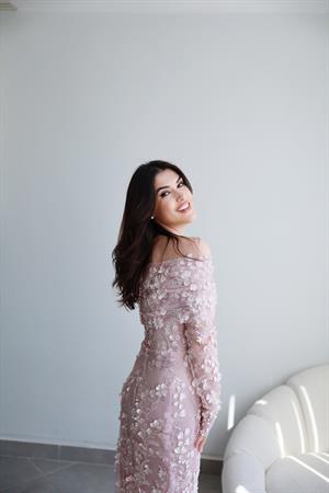 Lavinya Pudra Çiçekli Özel Tasarım Dantel Abiye Elbise
