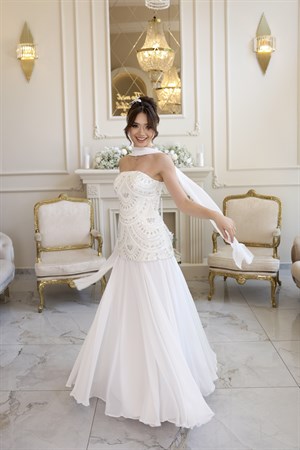 Lidya Blair Dantel Beyaz Şifon Tasarım Nikah Nişan Söz Elbisesi