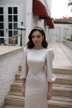 Lily Bej Saten Balon Kol Balık Özel Tasarım Abiye Elbise