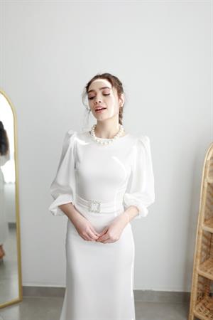 Lily Balık Beyaz Saten Balon Kol Özel Tasarım Nikah Nişan Söz Elbisesi