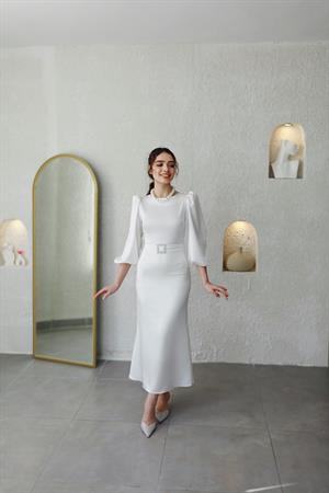 Lily Balık Beyaz Saten Balon Kol Özel Tasarım Nikah Nişan Söz Elbisesi