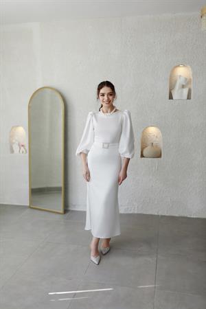Lily Balık Beyaz Saten Balon Kol Özel Tasarım Nikah Nişan Söz Elbisesi