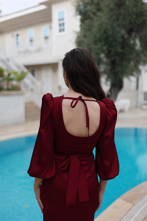 Lily Bordo Saten Balon Kol Balık Özel Tasarım Abiye Elbise