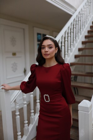 Lily Bordo Saten Balon Kol Balık Özel Tasarım Abiye Elbise