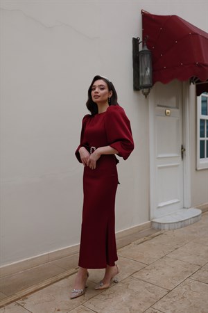 Lily Bordo Saten Balon Kol Balık Özel Tasarım Abiye Elbise