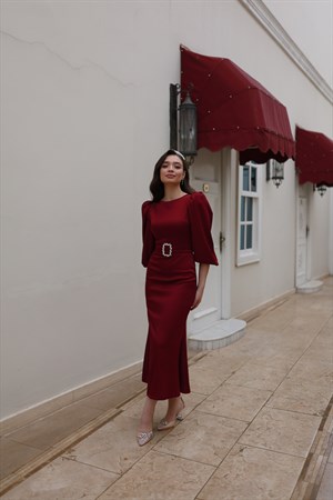 Lily Bordo Saten Balon Kol Balık Özel Tasarım Abiye Elbise